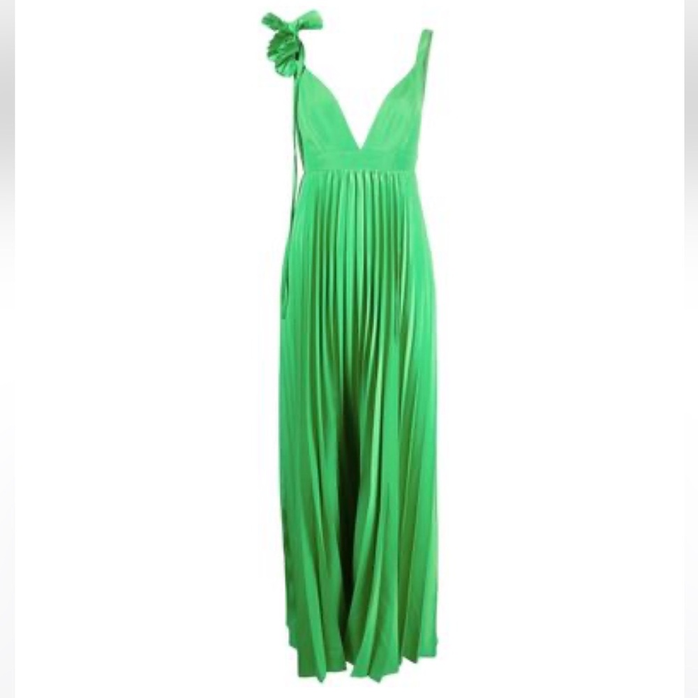 Green Plunge Neck Maxi Dress with Shoulder Tie